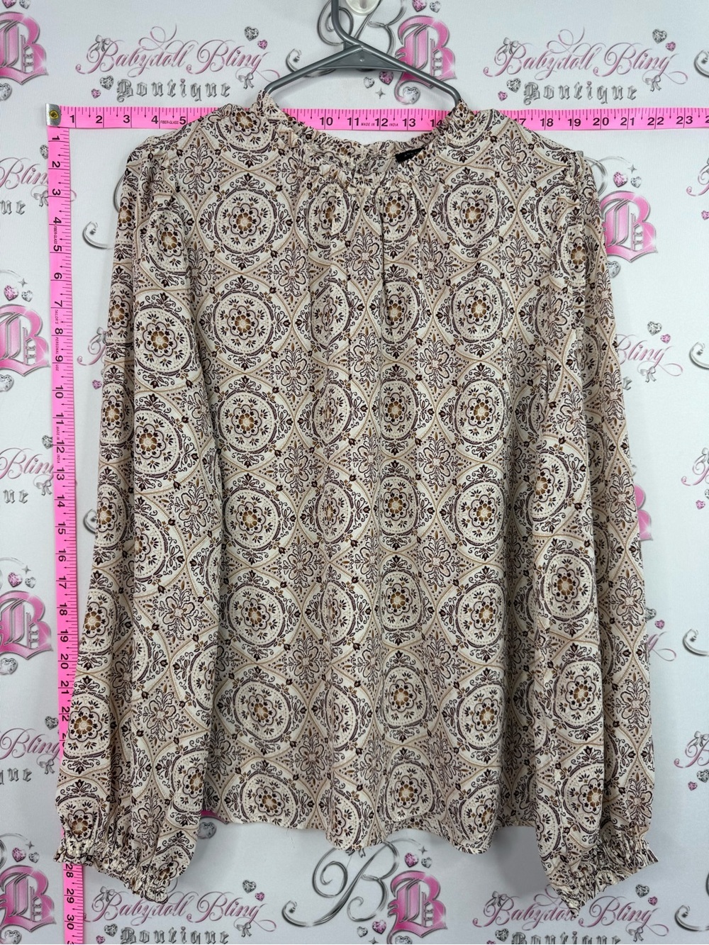 Ann Taylor blouse shirt paisley Cream and Brown Printed Long-Sleeve Blouse